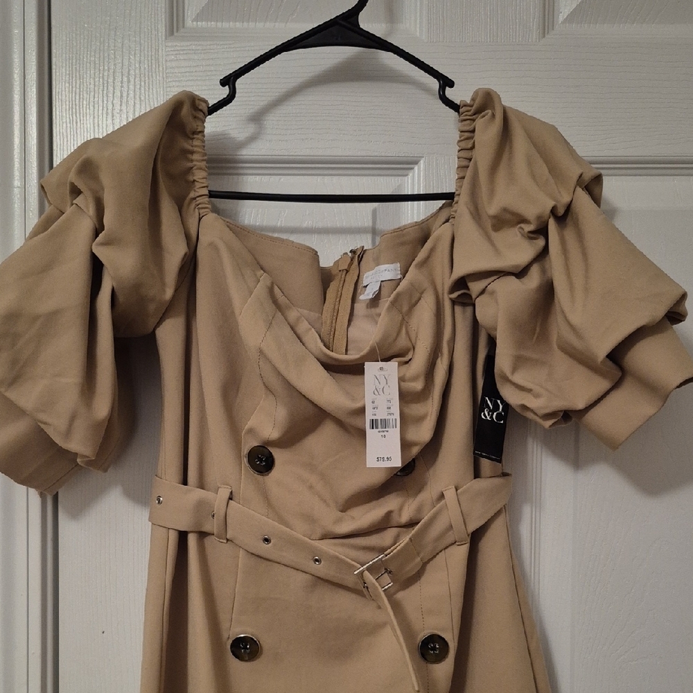 New York & Company Tan Off the Shoulder Ruffle Sleeve Trench-Style Midi Dress - Picture 2 of 8